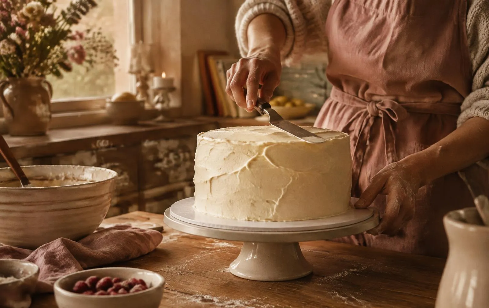 Cristina finishing a buttercream cake